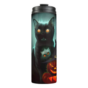 Vampire Cat and Wizard Pumpkin Halloween Surreal Thermal Tumbler