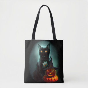 Vampire Cat and Wizard Pumpkin Halloween Surreal Tote Bag