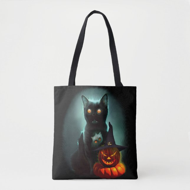 Vampire Cat and Wizard Pumpkin Halloween Surreal  Tote Bag (Front)