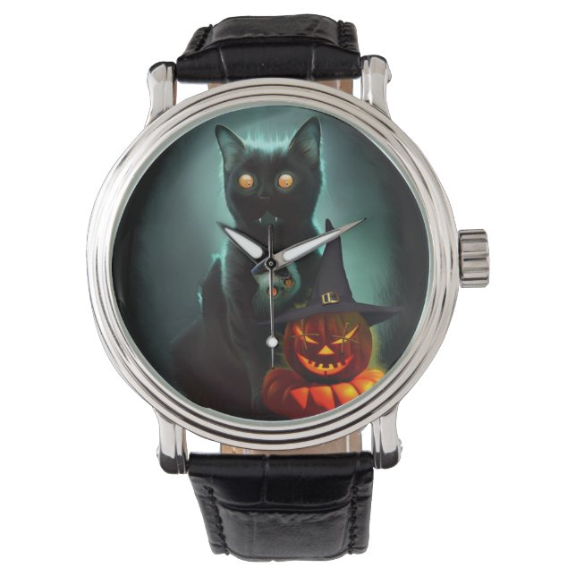Vampire Cat and Wizard Pumpkin Halloween Surreal   Watch (Front)