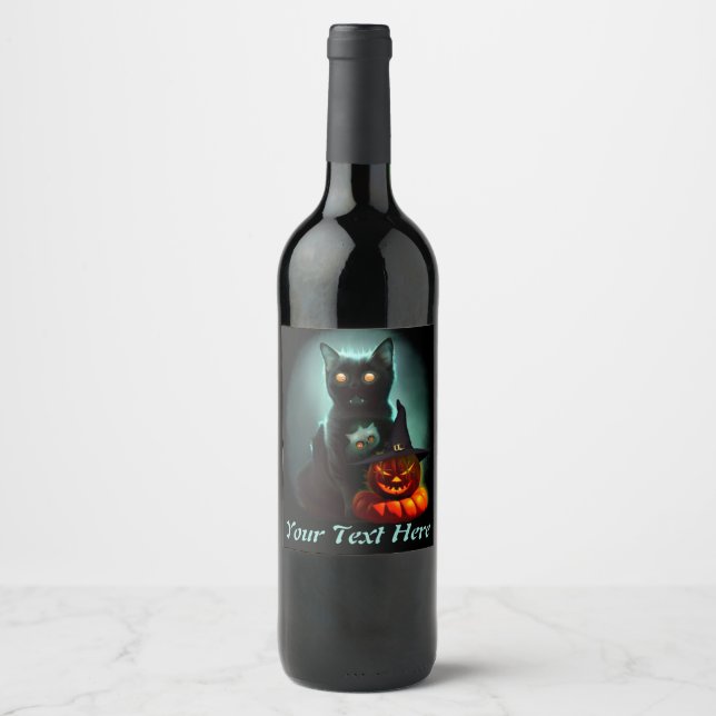 Vampire Cat and Wizard Pumpkin Halloween Surreal   Wine Label (Front)