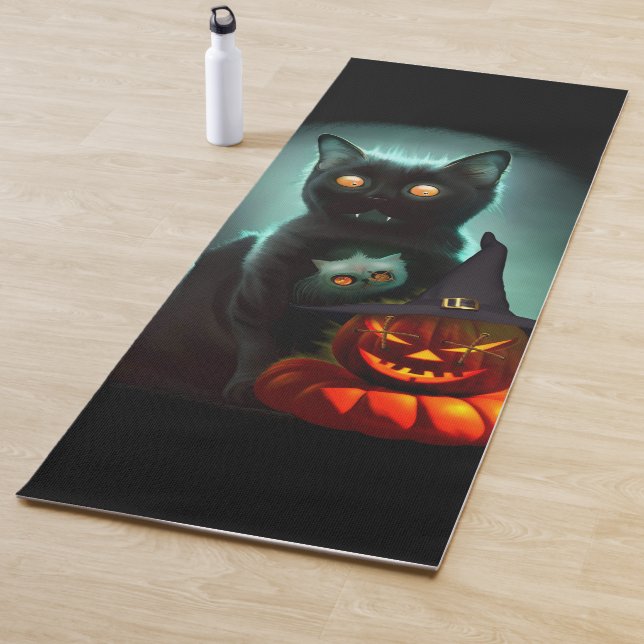 Vampire Cat and Wizard Pumpkin Halloween Surreal   Yoga Mat (In Situ)