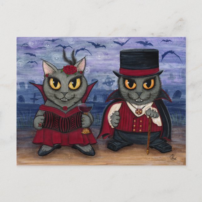 Vampire Cat Couple Gothic Cemetery Fantasy Art Pos Postcard (Front)