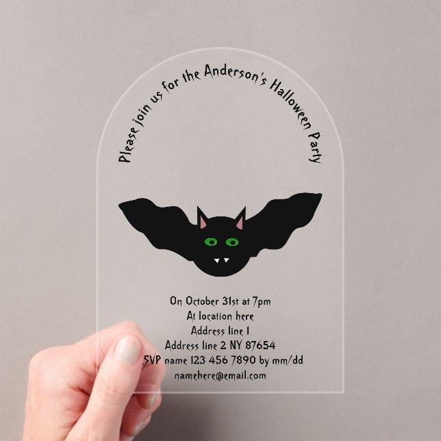 Vampire Cat Faced Bat Halloween Custom Acrylic Invitations (Insitu (Handheld))