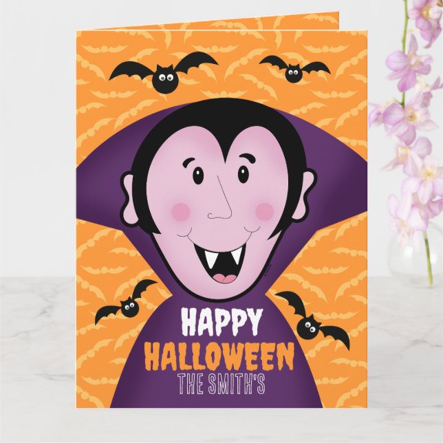 Vampire Dracula Bats Kids Cute Happy Halloween  Card (Orchid)