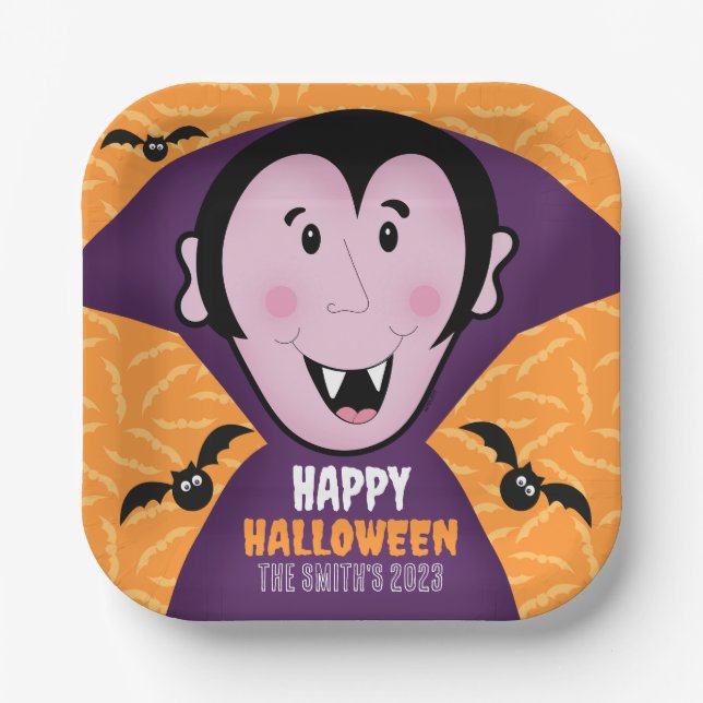 Vampire Dracula Bats Kids Cute Happy Halloween  Paper Plate (Front)