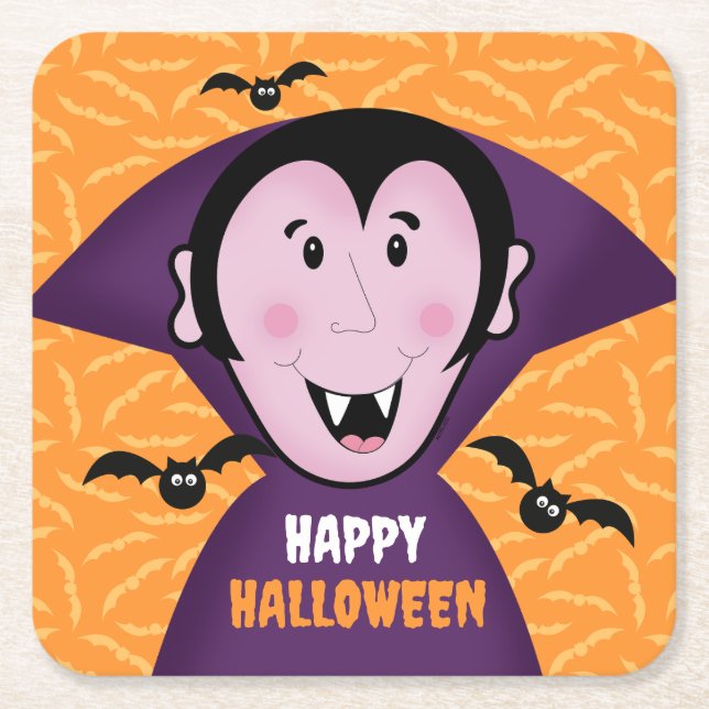 Vampire Dracula Bats Kids Cute Happy Halloween  Square Paper Coaster (Front)