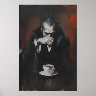 Vampire Drinking Coffee Art Print, Gothic Dark Poster