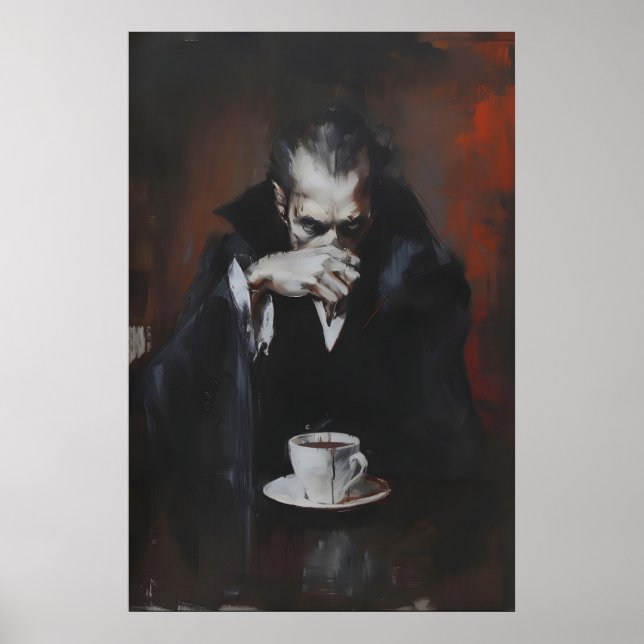 Vampire Drinking Coffee Art Print, Gothic Dark Poster (Front)