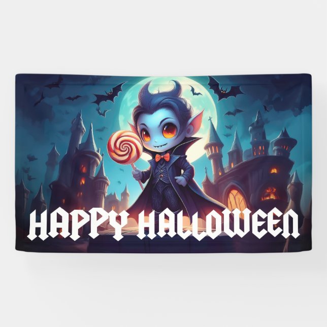 Vampire Eating Candy Happy Halloween Banner (Horizontal)