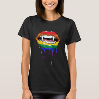 Vampire Fangs Dripping Rainbow Lips | Edgy Pop Art T-Shirt