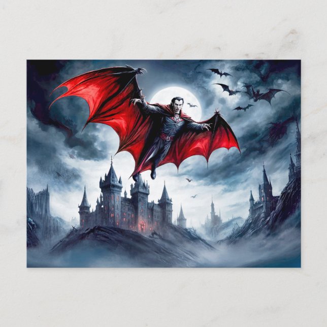 Vampire Flying Over Haunted Castle Postcard (Front)