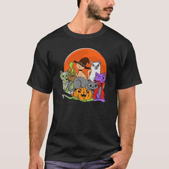 Vampire Ghost Zombie Witch Cats In Pumpkin Cute Ha T-Shirt (Front)