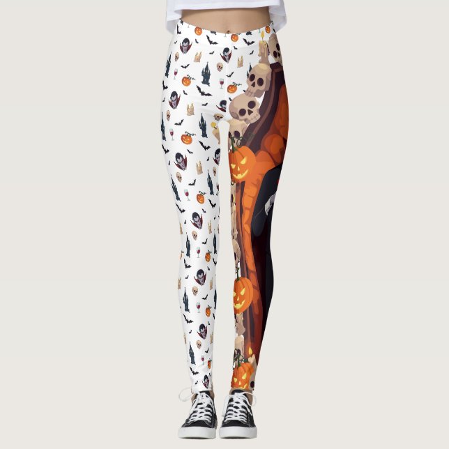 🦇 Vampire Gothic Halloween Leggings 🎃 white 🖤 (Front)