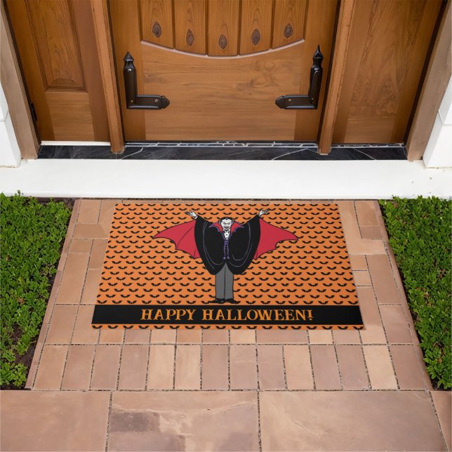 Vampire Halloween Custom Greeting Orange Black Doormat (Outdoor)