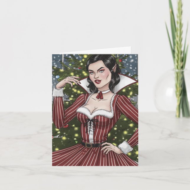 Vampire Lady in Red Dress With Stripes Christmas Card (Front)