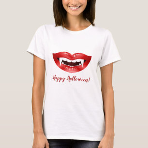 Vampire Lips Red Mouth With Fangs Happy Halloween T-Shirt