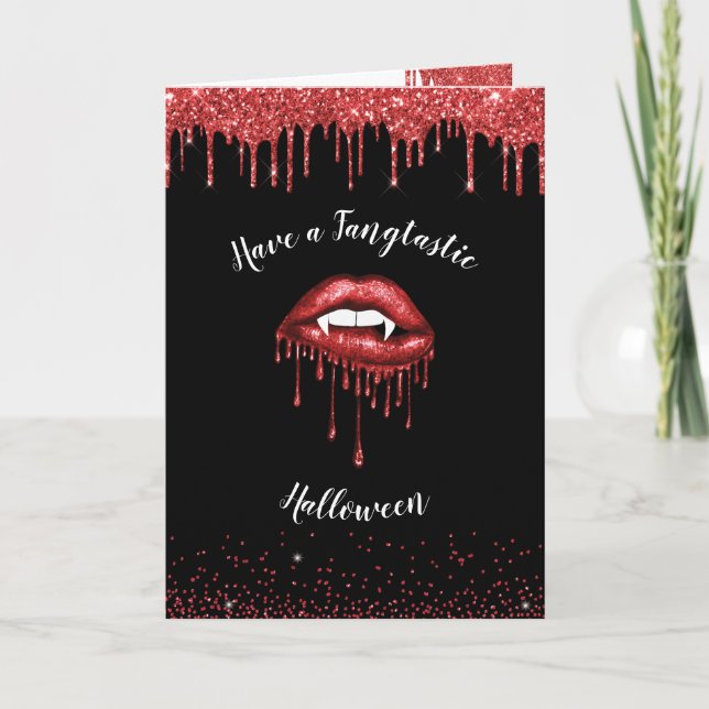 Vampire red glitter lips & fangs Halloween  Holiday Card (Front)