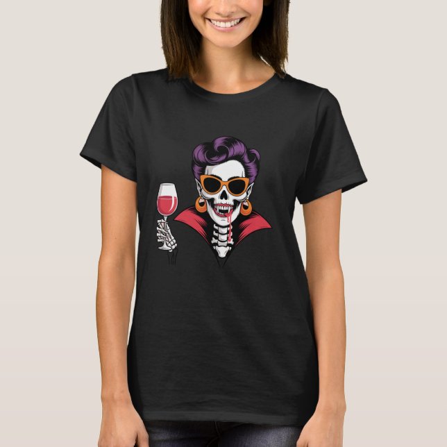 Vampire Skeleton Woman with Wine Funny Halloween A T-Shirt (Front)