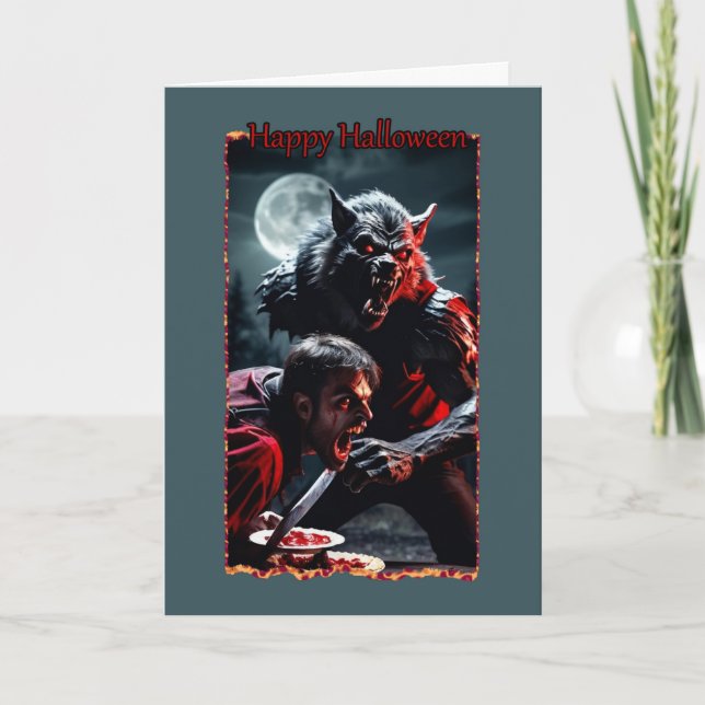 Vampire & Werewolf Fight Over Pie Halloween Card (Front)