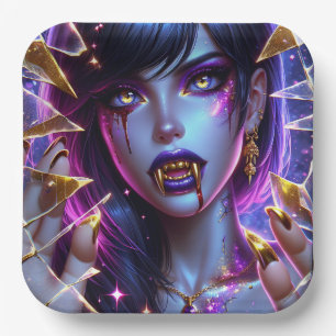 Vampire with Gold Eyes and Teeth Halloween Paper Plate