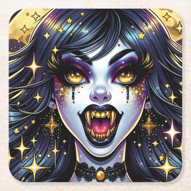 Vampire with Gold Fangs Full Moon Halloween Party Square Paper Coaster (Front)