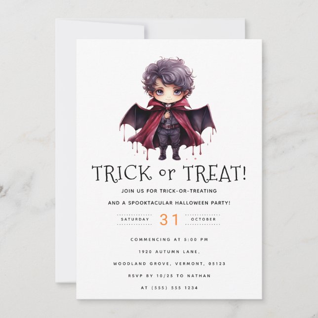 Vampire's Call: Trick or Treat Halloween Party Invitation (Front)