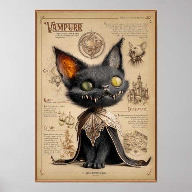 Vampurr: Vampire Cat Bestiary Illustration Poster (Front)