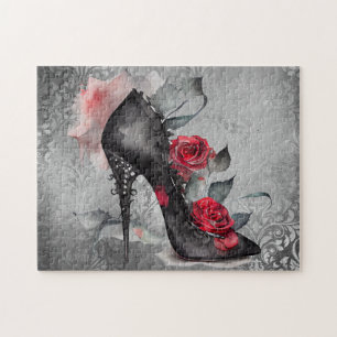 Vampy Spiked Stiletto   Red Rose High Heel Grunge Jigsaw Puzzle