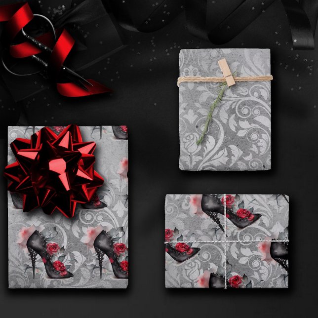 Vampy Spiked Stiletto | Red Rose High Heel Grunge Wrapping Paper Sheet (Creator Uploaded)
