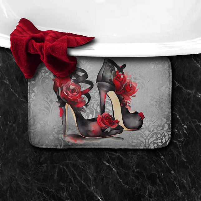Vampy Strappy Stilettos | Red Rose Heels on Grunge Bath Mat (Creator Uploaded)