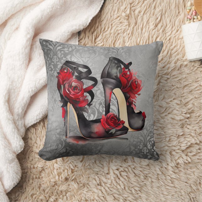 Vampy Strappy Stilettos | Red Rose Heels on Grunge Cushion (Blanket)