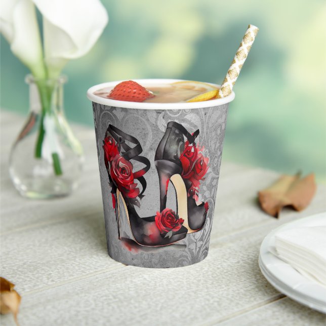Vampy Strappy Stilettos | Red Rose Heels on Grunge Paper Cups (Insitu)