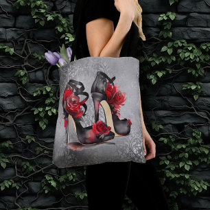 Vampy Strappy Stilettos   Red Rose Heels on Grunge Tote Bag