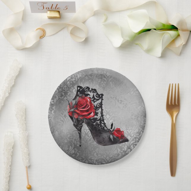 Vampy Vogue Grunge | Stiletto Lace Bootie Roses Paper Plate (Wedding)