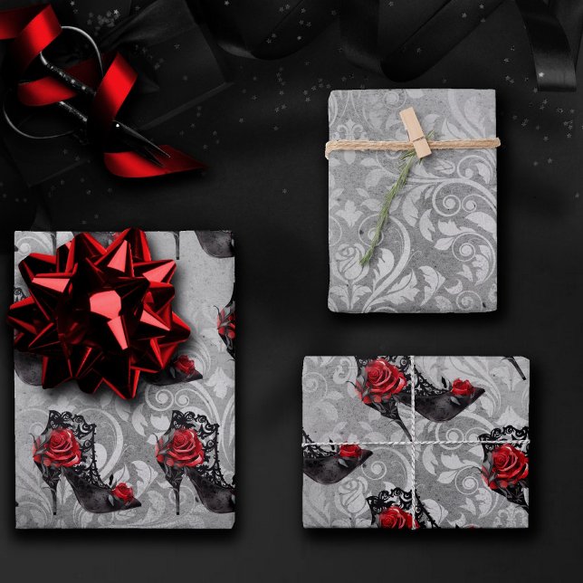 Vampy Vogue Grunge | Stiletto Lace Bootie Roses Wrapping Paper Sheet (Creator Uploaded)