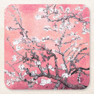 Van Gogh Almond Blossom peach pink Square Paper Coaster