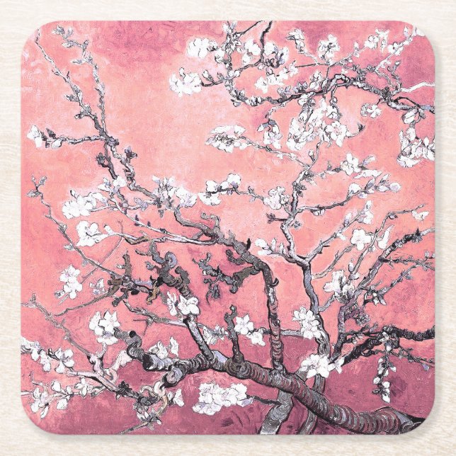 Van Gogh Almond Blossom peach pink Square Paper Coaster (Front)