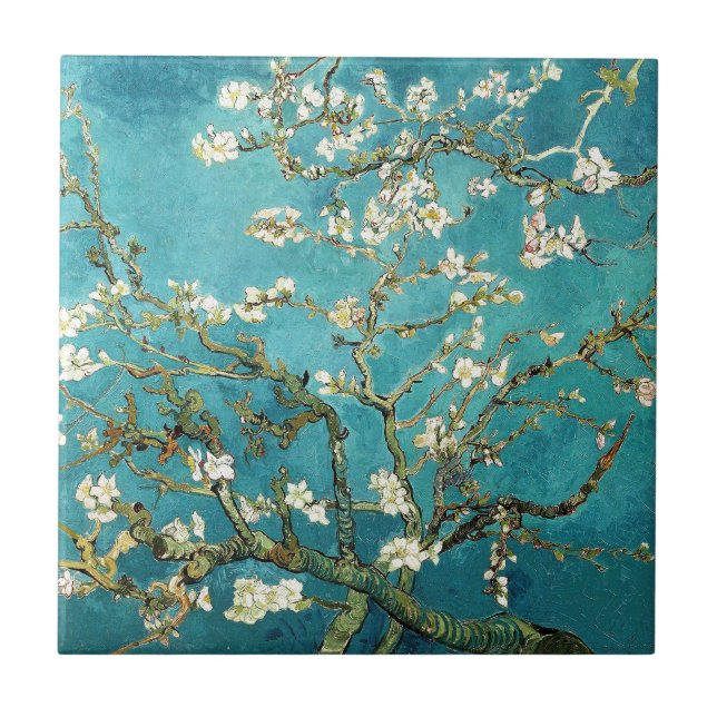 Van Gogh Almond Blossoms art white flowers on blue Tile (Front)