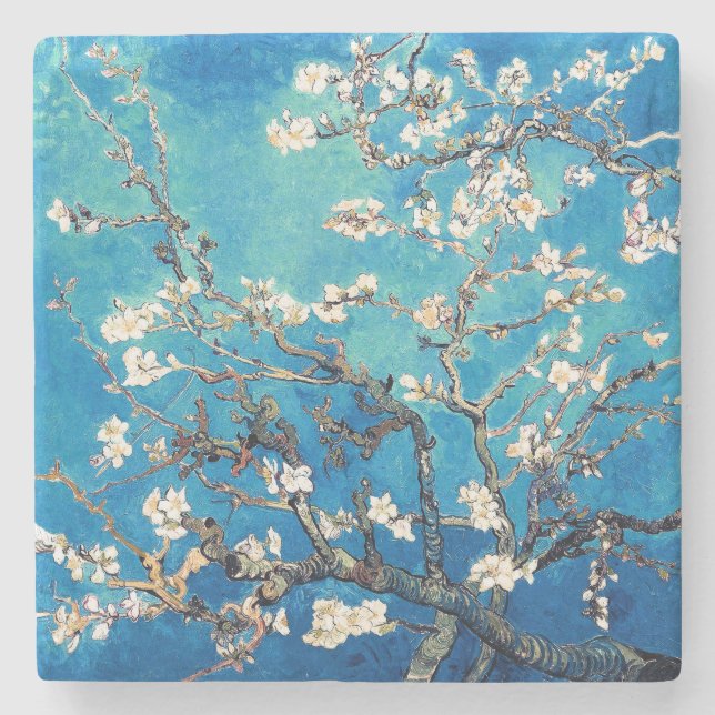 Van Gogh Almond Blossoms bright turquoise Stone Coaster (Front)