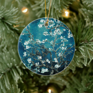 Van Gogh Almond Blossoms Dark Teal Ceramic Ornament