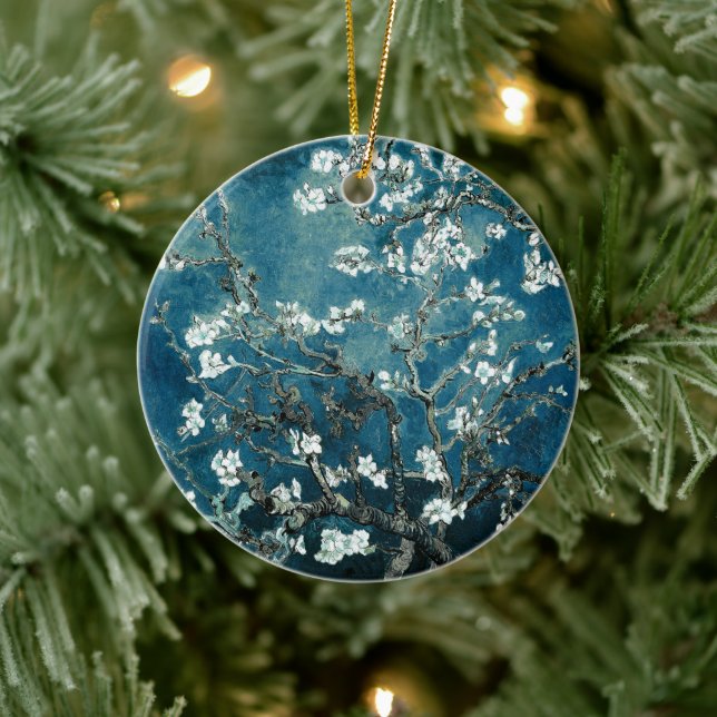 Van Gogh Almond Blossoms Dark Teal Ceramic Ornament (Tree)