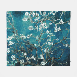 Van Gogh Almond Blossoms Dark Teal Fleece Blanket