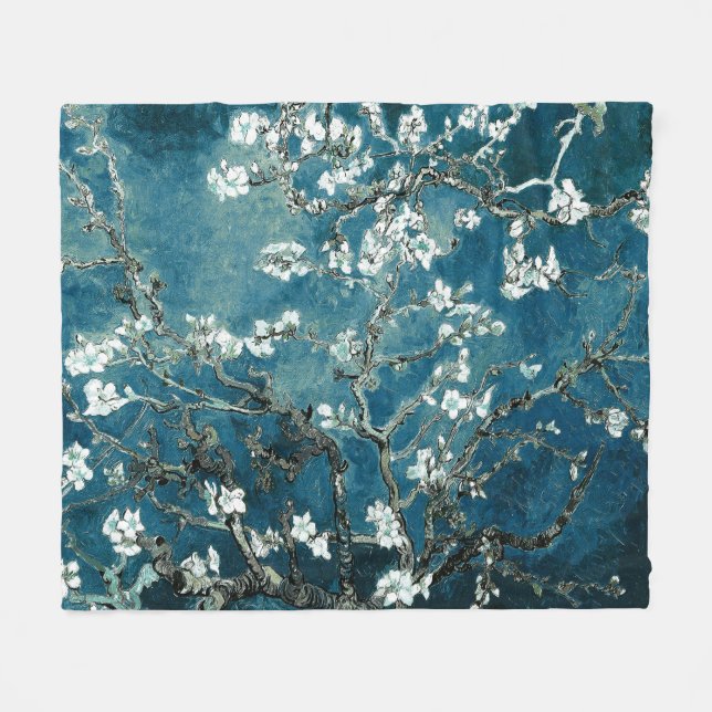 Van Gogh Almond Blossoms Dark Teal Fleece Blanket (Front (Horizontal))