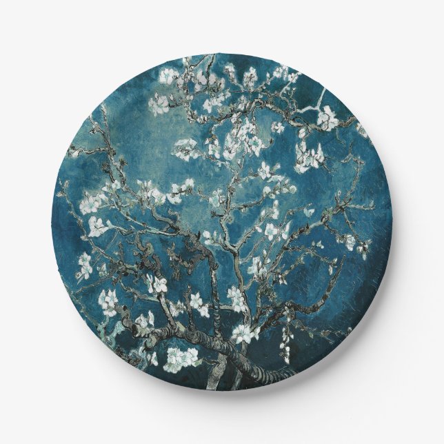 Van Gogh Almond Blossoms Dark Teal Paper Plate (Front)