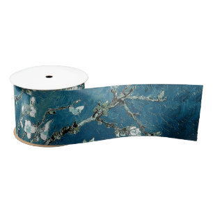 Van Gogh Almond Blossoms Dark Teal Satin Ribbon