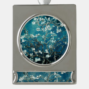 Van Gogh Almond Blossoms Dark Teal Silver Plated Banner Ornament