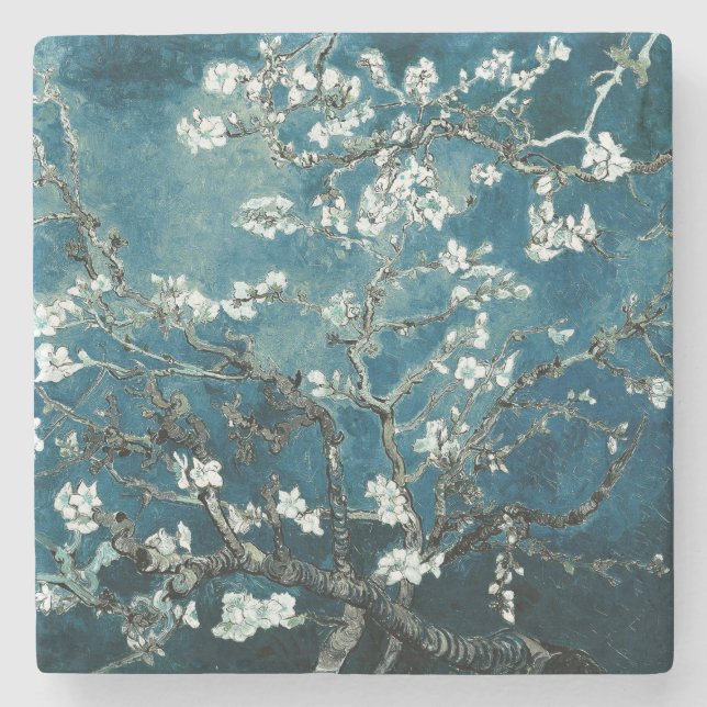 Van Gogh Almond Blossoms : Dark Teal Stone Coaster (Front)