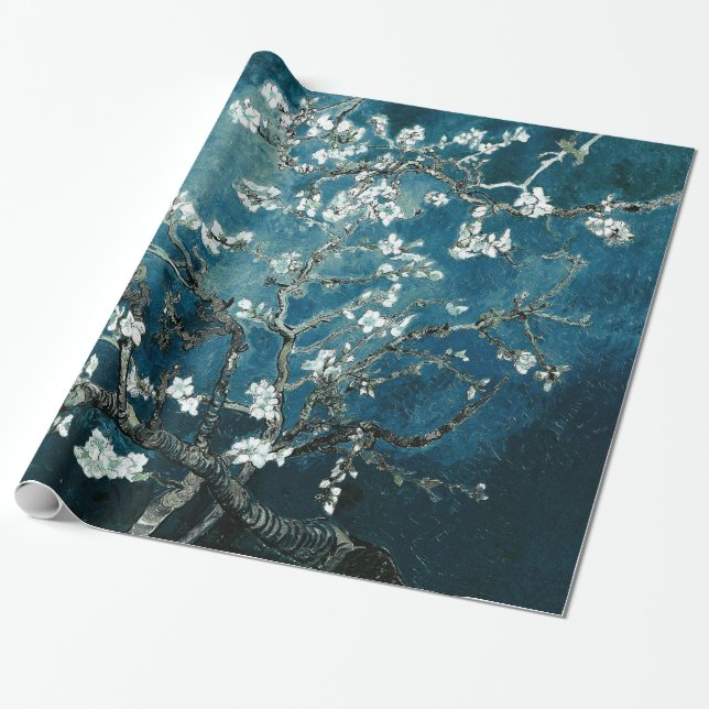 Van Gogh Almond Blossoms Dark Teal Wrapping Paper (Unrolled)