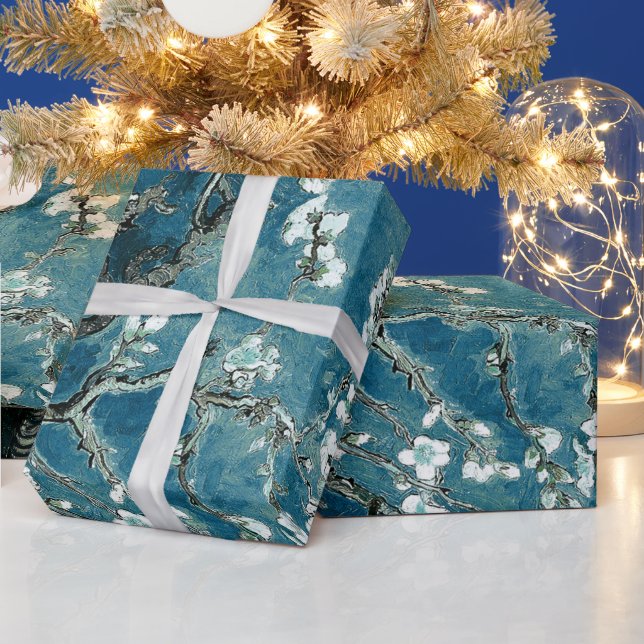 Van Gogh Almond Blossoms Dark Teal Wrapping Paper (Holidays)